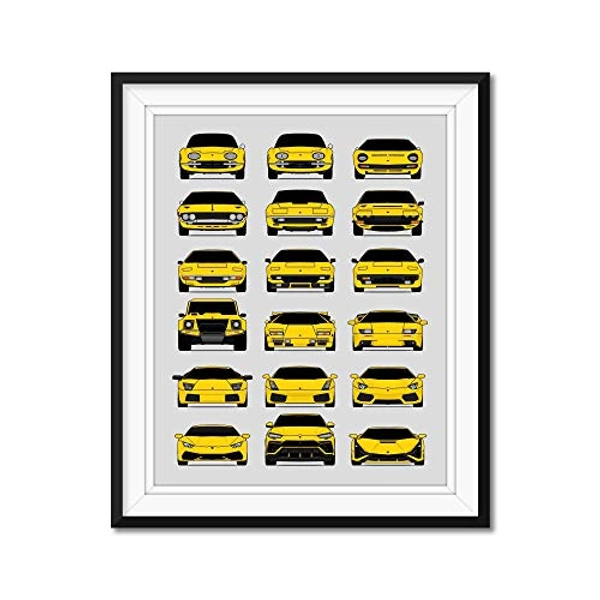 Lamborghini Generations Inspired Car Poster - Handmade Print of Lambo (Miura, Countach, Diablo, Aventador, Gallardo, Murcielago, Huracan, Urus) - Yellow, 11x14" Metallic Print (Unframed)-Perfect Gift