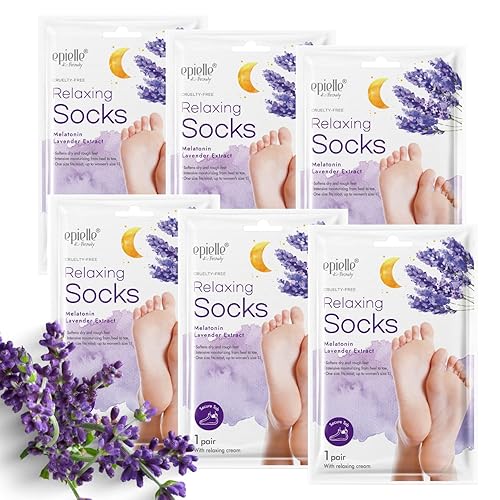 Epielle Relaxing Foot Masks - Melatonin & Lavender Extract | Deep Moisturizing | 100% Vegan & Cruelty-Free | 6 Pack Socks | Beauty Gifts