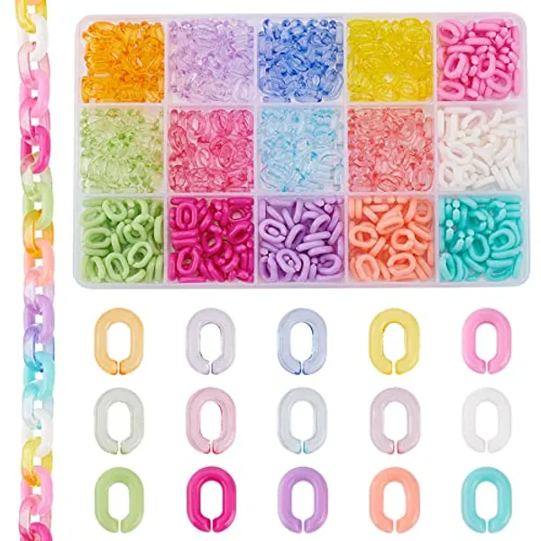 CHGCRAFT 600Pcs 15 Styles Transparent Opaque Acrylic Linking Rings Oval Quick Link Connectors for Earring Necklace Jewelry Eyeglass Chain DIY Craft Making