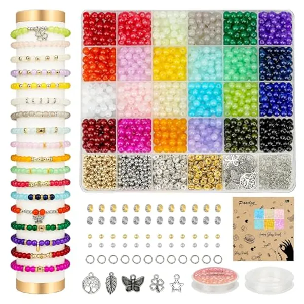 Paodey 6mm Glass Beads for Bracelets 1400pcs, 24 Colors Crystal Beads for Jewelry Making Round Beads Bracelet Making Kit DIY Crafts with Spacer Beads Charms Accessories