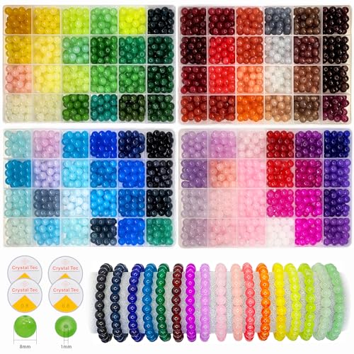 Gaspletu 2500PCS 8mm Glass Beads Bracelet Making Kit, 96 Colors Crystal Beads for Jewelry Making, 4 Box Round Beads Suitable for Beginners - 4 Box