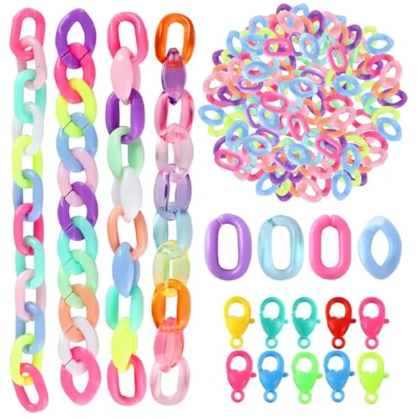 HLTOO 410PCS Acrylic Linking Rings, Link Connectors, Assorted Color Open Link Rings, with Plastic Lobster Claw Clasps, for DIY Jewelry Making, Purse Eyeglass Jean Pocket Chain Lanyard