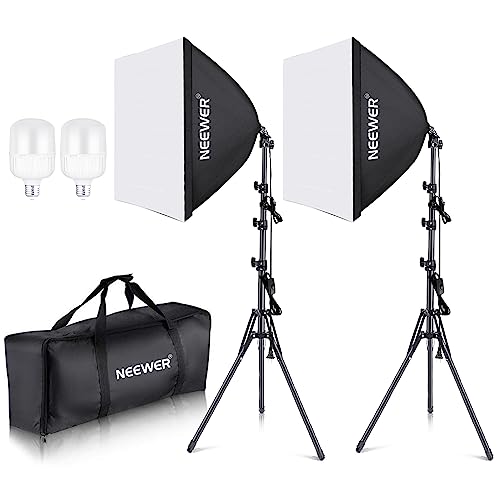 NEEWER 700W Equivalent Softbox Lighting Kit, 2Pack UL Certified 5700K LED Lighting Bulbs, 24x24 inches Softboxes with E26 Socket, Photography Continuous Lighting Kit Photo Studio Equipment - Square-Type A