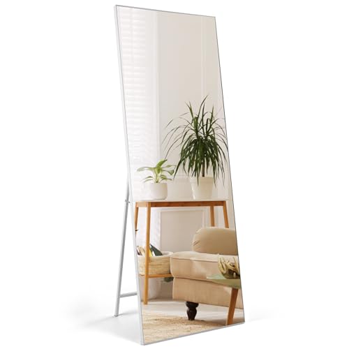 HORLIMER 65x24 inches Full Length Mirrors with White Frame, 165x60 cm Large Long Mirror for Wall Hanging or Floor Free Standing, for Bathroom Living Room Bedroom, Explosion-Proof - White - 165x60cm