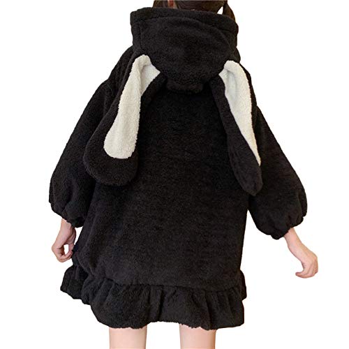 Women Cute Bunny Ear Long Sleeve Fuzzy Fluffy Rabbit Tops Sweatshirt Hoodie Jacket Coats - X-Large - Black