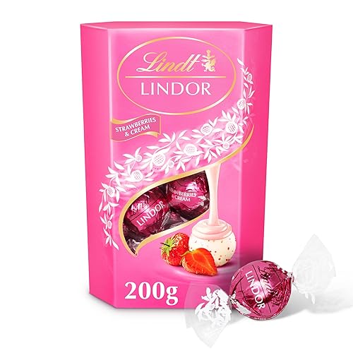 Lindt Lindor Strawberries & Cream Chocolate Truffles Box - Approx 16 balls, 200g - Chocolate Truffles with a Smooth Melting Filling - Gift Present - Valentine's Day, Birthday, Congratulations - Strawberries & Cream - 200 g (Pack of 1)