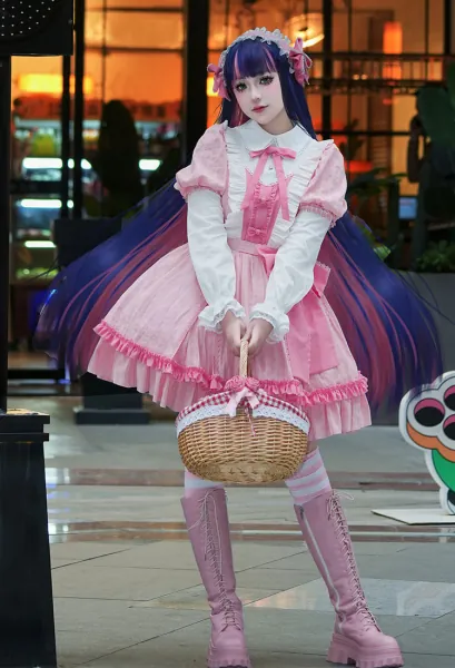 Panty Stocking Stocking Cosplay Costume Pink Lolita Dress Set with Head Accessory and Thigh High Socks