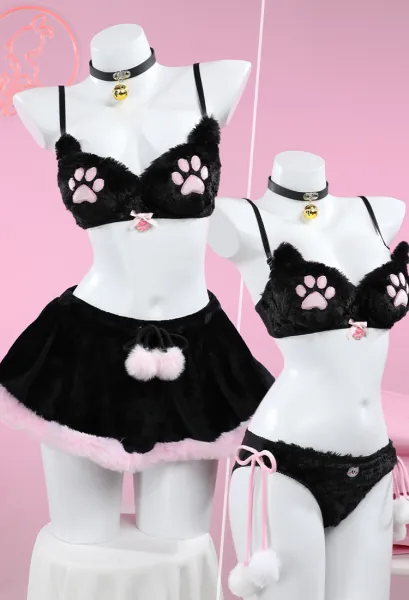 Kawaii Homewear Sexy Lingerie Set Plush Cat Paw Three-Point Top and Panty with Skirt Choker