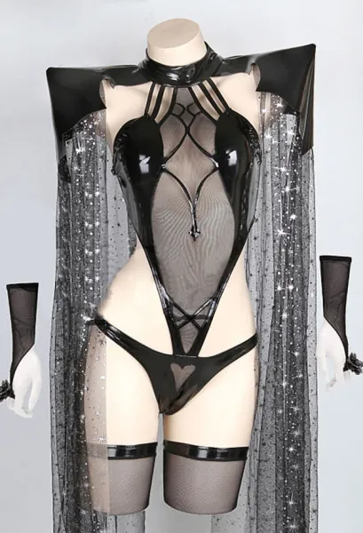 Woman Sexy Lingerie Witch Rally Dark Style Bodysuit Set with Headdress Cloaks Gloves Stockings