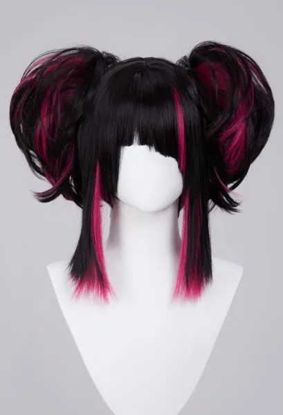 Street Fighter Juri Cosplay Wig Double Bun Wig with Hair Clips