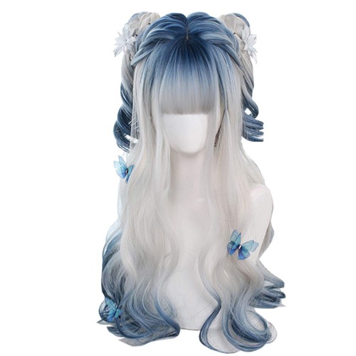 osseoca Irregular Coloring Body Wave Synthetic Long Hair Wig Blue Gradient White Gradient Blue Lolita Beauty Japanese Girl Cosplay Wig