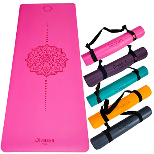 DIVASYA Premium Yogamatte rutschfest: Naturkautschuk rutschfest & japanische professional grip Oberfläche | großzügige Maße 185x68x0,45cm | Tragegurt |4,5mm dicke Yoga Matte rutschfest - Pink Blossom