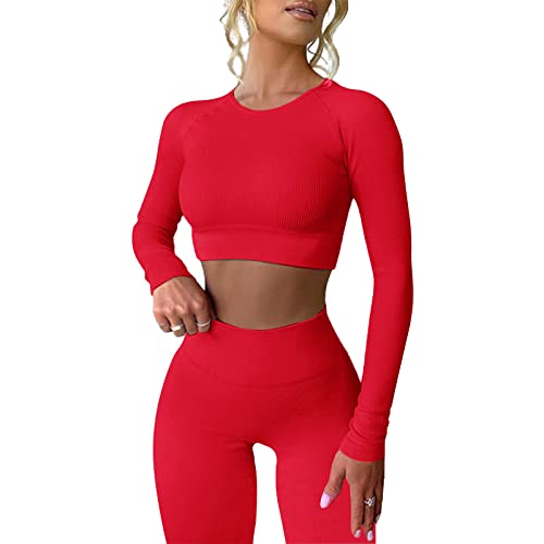 Mayround Workout Outfits für Frauen 2 Stück Gerippte Langarm Crop Top mit hoher Taille Yoga Leggings Sets - S - Rot