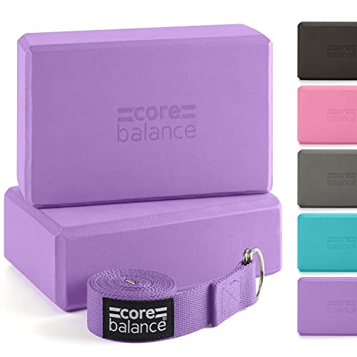 Core Balance Yoga Blocks im Doppelpack & GRATIS Yoga-Gurt, 2 STK. Eva Schaumstoff-Blöcke, robust & leicht, Riemen aus Baumwolle mit innovativem D-Ring Verschluss, ideal für Pilates, 5 versch. Farben - Violett