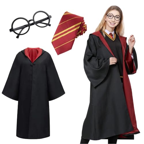 Umllpet Magier Robe, Zaubererrobe mit Umhang Brille und Krawatte, Zauberer Kostüm Set für Erwachsene, Karneval Cosplay Weihnachten Verkleidung Party - Stil D - Größe Xl