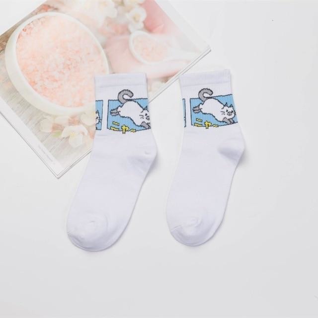 Japanese Dino Socks - White Cat