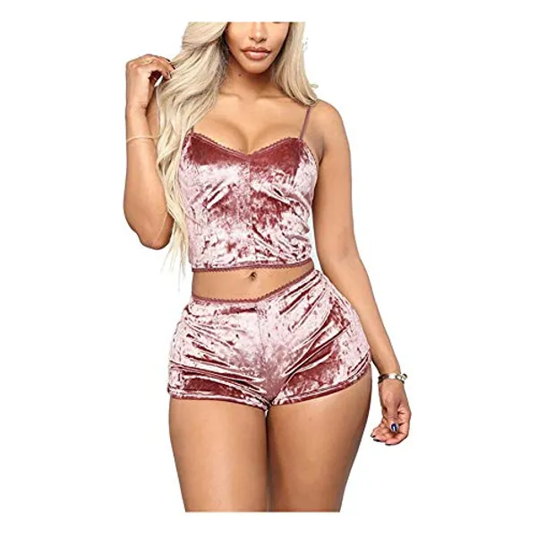 AWIBMK Women's Velvet 2 Piece Outfit Spaghetti Strap Sleeveless Crop Top Camisole and Shorts Pajamas Set Sleepwear Nightwear