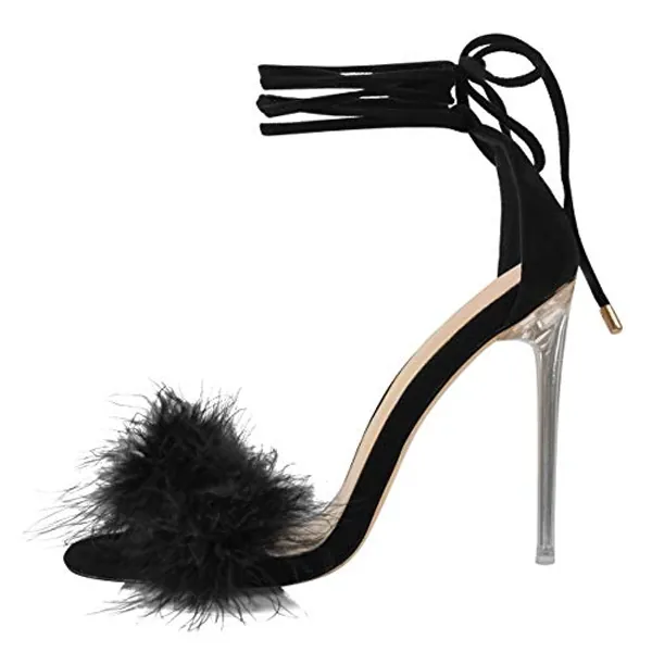 Richealnana Women's Fuzzy Strappy Wrapped Artificial Feather Clear Heeled Sandals