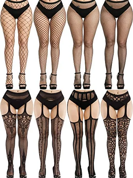 8 Pairs Women Fishnet Stockings Tights Pantyhose Thigh High Stockings Waist Fishnets