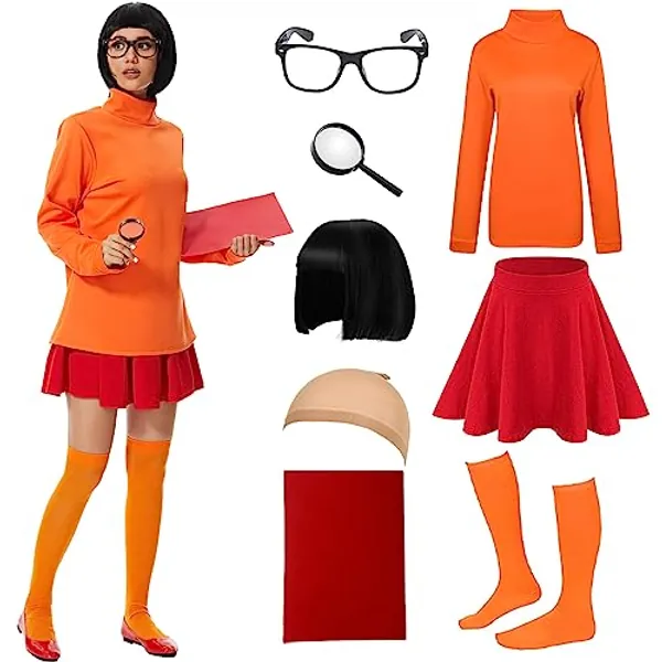 ZOKJFDK Velma Costume for Adult Women Halloween Classic Movie Characters Costume Daphne Costume Adult Women for Cosplay