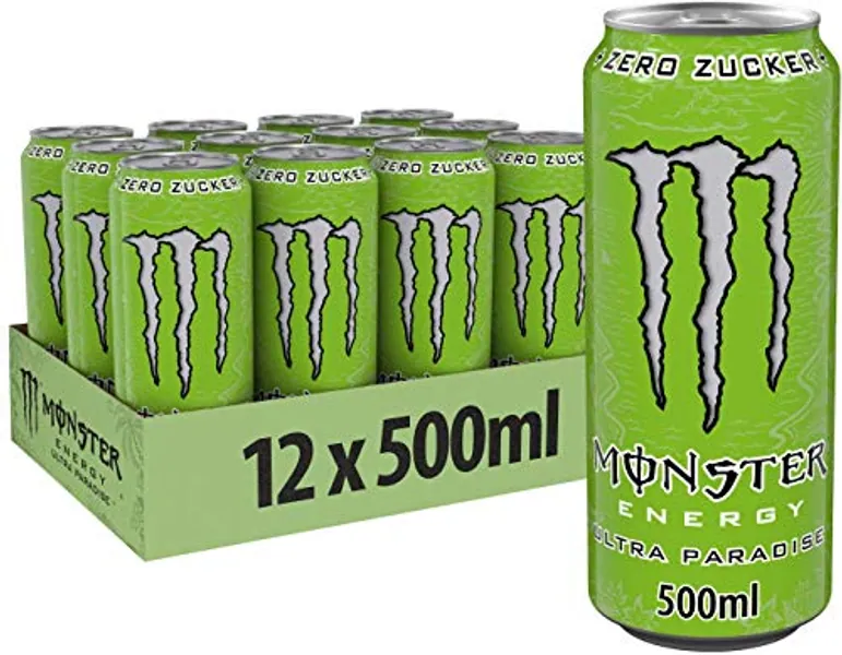 Monster Energy Ultra Paradise - koffeinhaltiger Energy Drink mit Kombination aus Apfel, Kiwi und Gurke - ohne Zucker und ohne Kalorien - in praktischen Einweg Dosen (12 x 500 ml)