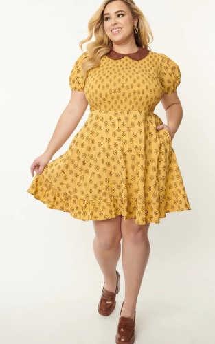 Smak Parlour Plus Size Mustard & Brown Floral Smocked Fit & Flare Dress | 2X/18