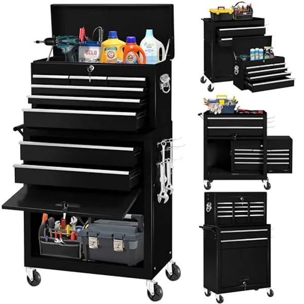 Greenvelly Metal Tool Chest,8-Drawer Rolling Tool Chest with Wheels,Tool Cabinet with Wheels,2 in 1 Detachable Tool Cabinet,Liners and Locking System for Warehouse, Garage,Workshop,(BLACK)