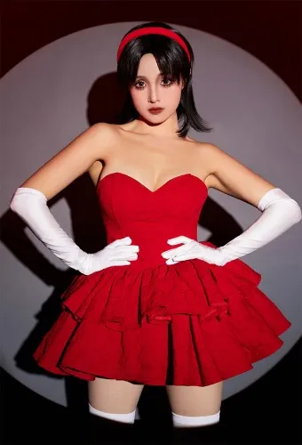 Perfect Blue Mima Cosplay Costume Red Strapless Tube Dress with Headband with Thigh-High Stockings and Gloves