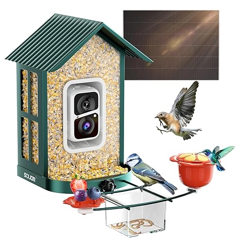 Soliom Bird Feeder with Camera Solar Powered, 2K Live Video, Squirrel Proof Metal Case, Hummingbird & Suet Ball DIY Add on, Smart AI Bird Cam, Wireless Outdoor Bird Watching Gift (New BF08s,1.6L) - Green