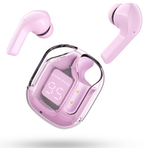 Wireless Headphones, Bluetooth Earbuds ENC Noise Cancelling Translucent Earphones in Ear, HiFi Stereo Dual Microphone Mini Sport Ear Buds with Fast Charging, LED Digital Display & Silicone Case, Pink