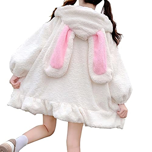 Vensivy Kawaii Bunny Ear Hoodie Women Cute Fuzzy Fluffy Rabbit Sweatshirt Girls Lovely Anime Hooded Long Sleeve Jacket Coat - Large - White