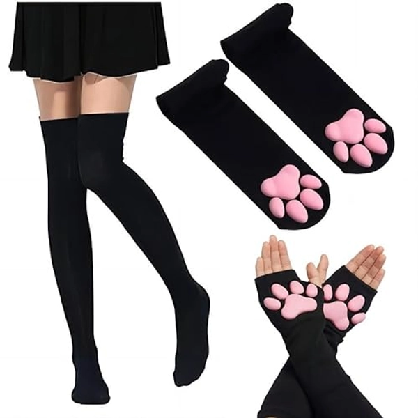 TERUIAOD Cat Paw Socks and Paw Gloves Set,Pink Cute Thigh High Socks for Girls Women Cosplay,3d Kitten Claw Stockings - 0-1 - Black Set