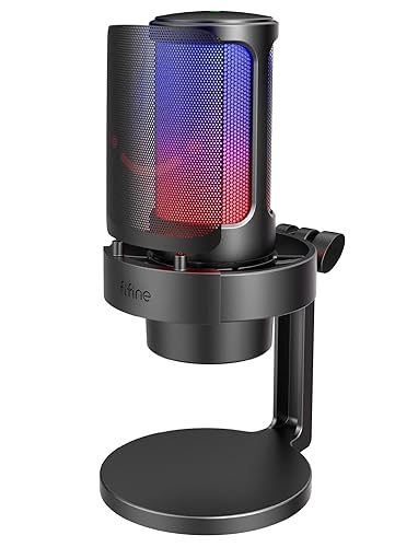 FIFINE Gaming Microphone, USB PC Mic for Streaming, Podcasts, Recording, Condenser Computer Desktop Mic on Mac, with RGB Control, Mute Touch, Headphone Jack, Pop Filter, Stand-AmpliGame A8 - Black