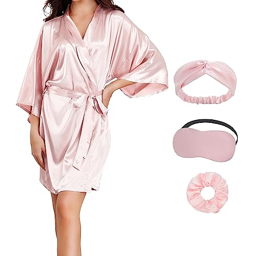 Women Short Floral Silky Satin Robes Sets Wedding Bridesmaid Bridal Party Robes With Hairband Hair Ring Sleepmask - Large-X-Large - CS-Pink