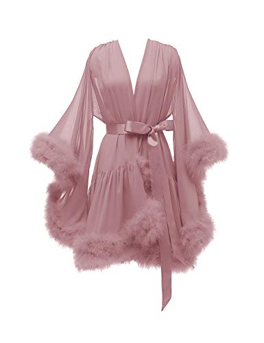 Molisa Short Chiffon Bridal Feather Robe Sheer Lingerie Bathrobe Sleepwear Nightgown Wedding Robes - X-Large - Dusty rose