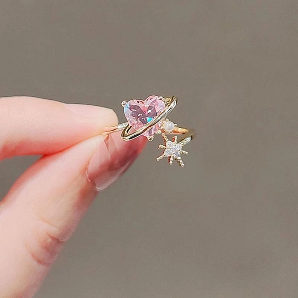 Pink Heart Gold Ring | Star, Heart | Adjustable Open Statement Ring | Sailor Moon Anime Girls Rings | Kawaii | Y2K