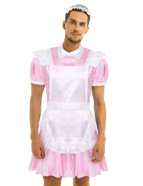 Alvivi Men's Short Sleeve Satin French Maid Uniform Crossdressing Sissy Lingerie Fancy Dress Outfits - Pink Medium