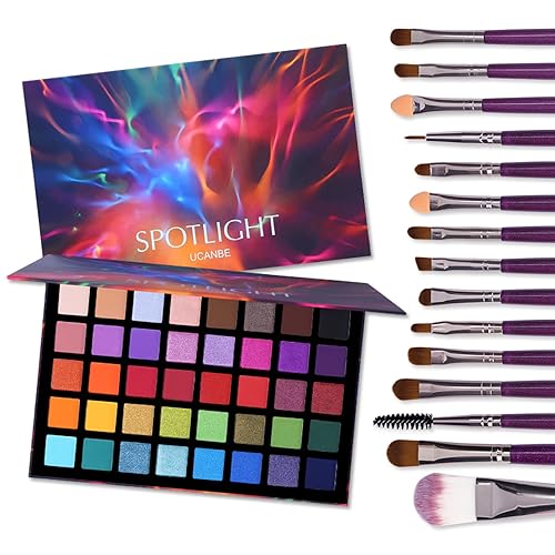 UCANBE Spotlight Eyeshadow Palette + 15 PCS Eye Brushes Makeup Set, Professional 40 Color Matte Shimmer Glitter Eye Shadow Pallet Highly Pigmented Waterproof Long Lasting Make up Pallete - Palette A + Brushes