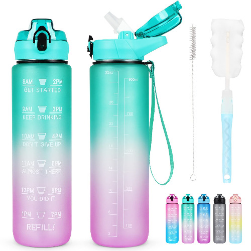 AOHAN Vattenflaska med sugrör, 1 l, sportdrycksflaska med tidsmärkningar, BPA-fri, giftfri, PCTG-plast, läckagesäker drickflaska, motiverande vattenflaskor med rengöringsborste för utomhussport