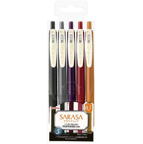 Zebra Sarasa Clip 0.5 Retractable Gel Ink Pen, Rubber Grip, 0.5 mm, Vintage Colours, 5 Colour Ink (JJ15-5C-VI2)