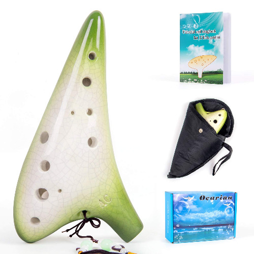 Horse Ocarina 12 hål Alto C keramik med bärväska musik bokrem (spricka grön)