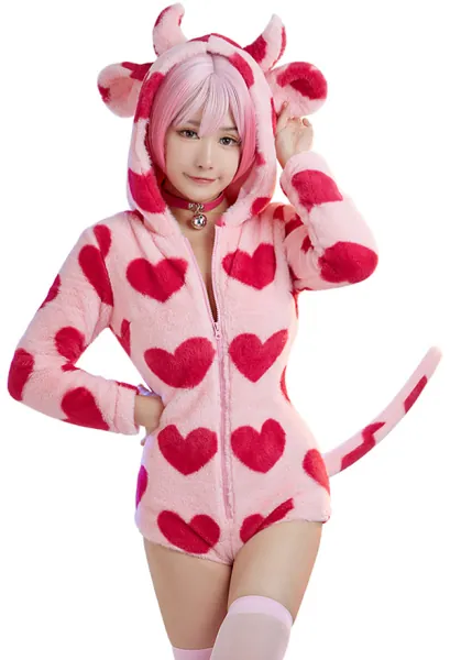 Kawaii Cow Style Bodycon Romper Pajama Heart Print Long Sleeve Zipper Bodycon Jumpsuit Sleepwear with Choker and Socks