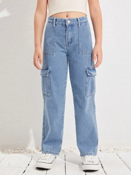 SHEIN Girls Flap Pocket Cargo Jeans