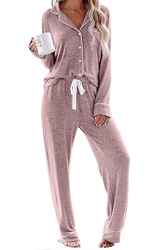 Aamikast Women's Pajama Sets Long Sleeve Button Down Sleepwear Nightwear Soft Pjs Lounge Sets - Pink - Medium