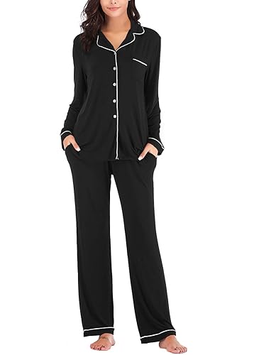 Aamikast Women's Pajama Sets Long Sleeve Button Down Sleepwear Nightwear Soft Pjs Lounge Sets - Black - Medium