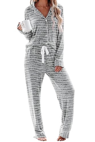 Aamikast Women's Pajama Sets Long Sleeve Button Down Sleepwear Nightwear Soft Pjs Lounge Sets - Stripes Grey - Medium