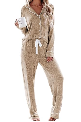 Aamikast Women's Pajama Sets Long Sleeve Button Down Sleepwear Nightwear Soft Pjs Lounge Sets - Light Brown - Medium