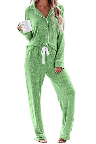 Aamikast Women's Pajama Sets Long Sleeve Button Down Sleepwear Nightwear Soft Pjs Lounge Sets - Lake Green - Medium