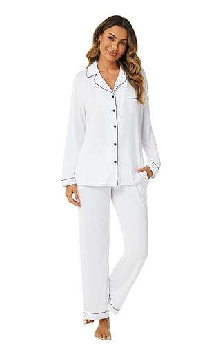 Aamikast Women's Pajama Sets Long Sleeve Button Down Sleepwear Nightwear Soft Pjs Lounge Sets - White - Medium
