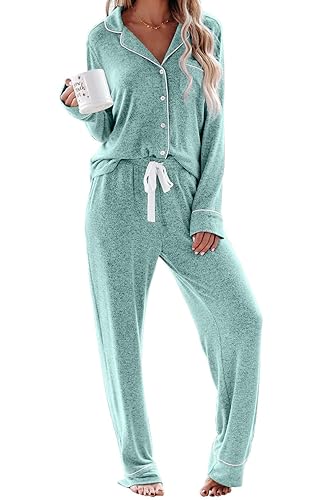 Aamikast Women's Pajama Sets Long Sleeve Button Down Sleepwear Nightwear Soft Pjs Lounge Sets - Sky Lake Blue - Medium